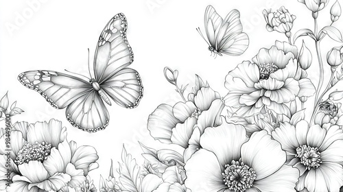  A monochromatic illustration featuring two butterflies amidst a bouquet of flowers