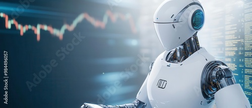 Sleek AI trading robot executing stock trades with financial data streams flowing around it photo