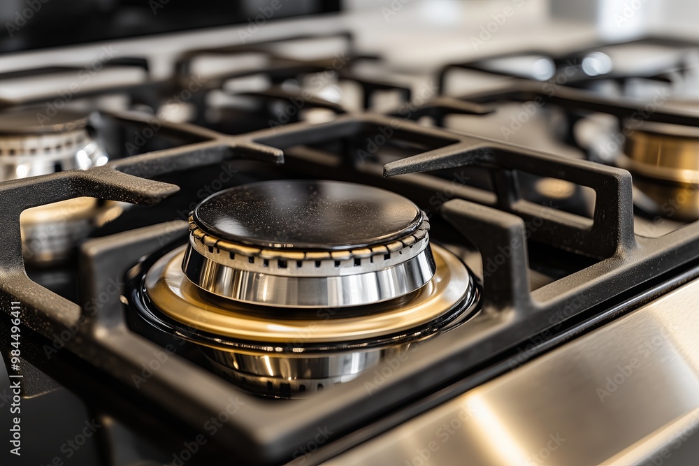 Blue flame of a gas stove isolated on a black background with reflection, a gas burning ring in a kitchen or restaurant cooking stove Blue flame of a gas stove isolated on a black background with reflection, a gas burning ring in a kitchen or restaurant cooking stove