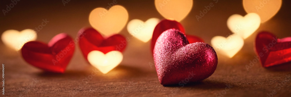 Obraz premium Decorative red hearts with warm glowing lights against a dark background, creating a romantic atmosphere for celebrations