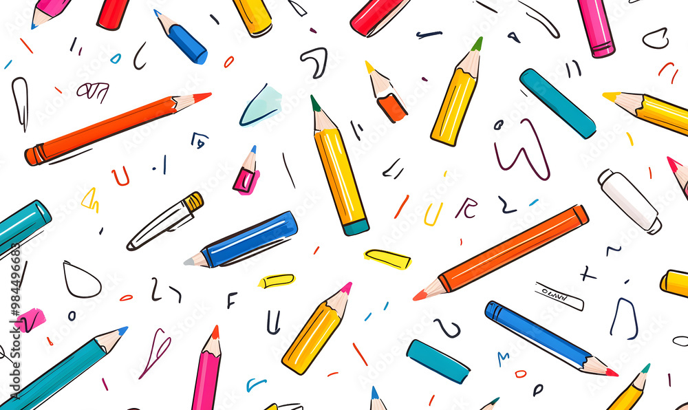stationery in doodle 2D illustrator style, with cartoonish/symbolic elements and a white background. stationery in doodle 2D illustrator style, with cartoonish/symbolic elements and a white background.