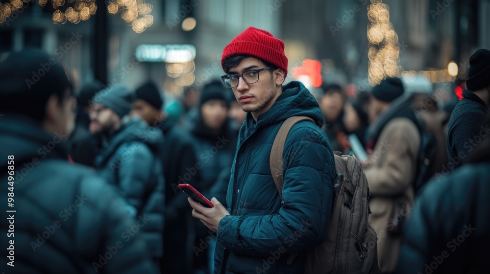 A young man stands in the crowd, his phone in hand, surrounded by people gazing at their own devices. A young man stands in the crowd, his phone in hand, surrounded by people gazing at their own devices.