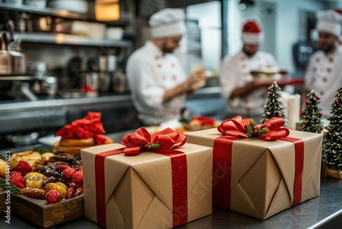 Chefs prepare festive feast with Christmas gifts in focus photo