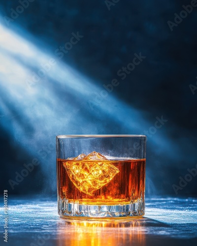 Refreshing Drink Glass with Ice and Light Rays