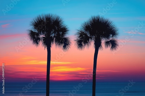 Tropical Sunset with Two Palm Trees Against Colorful Sky