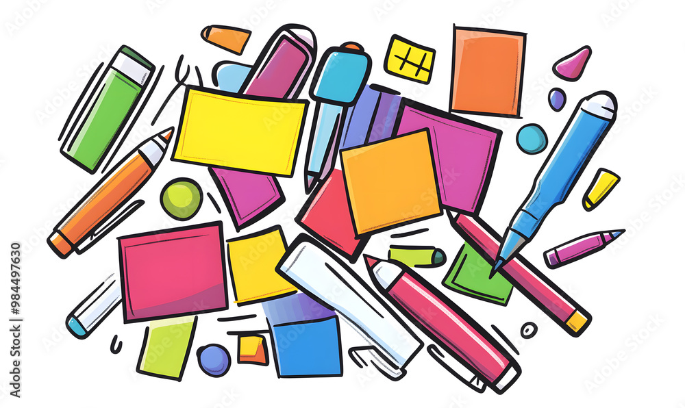 stationery in doodle 2D illustrator style, with cartoonish/symbolic elements and a white background. stationery in doodle 2D illustrator style, with cartoonish/symbolic elements and a white background.