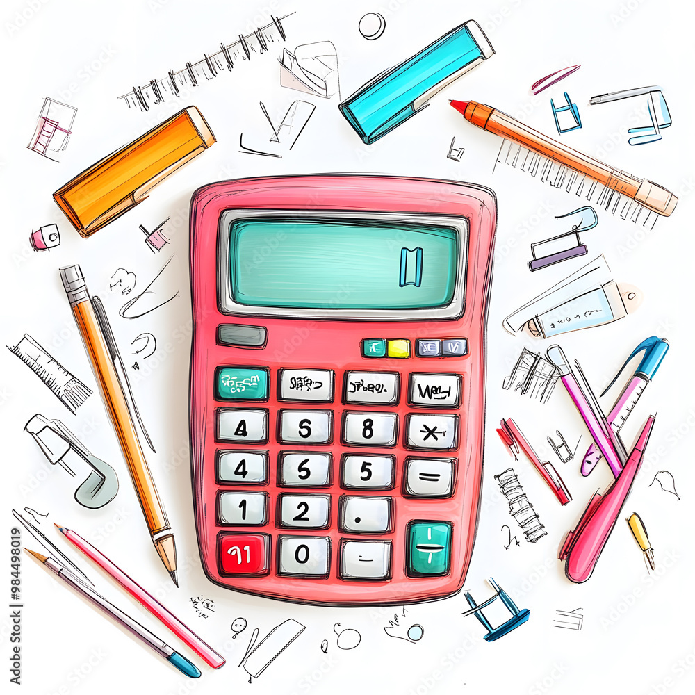 stationery in doodle 2D illustrator style, with cartoonish/symbolic elements and a white background. stationery in doodle 2D illustrator style, with cartoonish/symbolic elements and a white background.