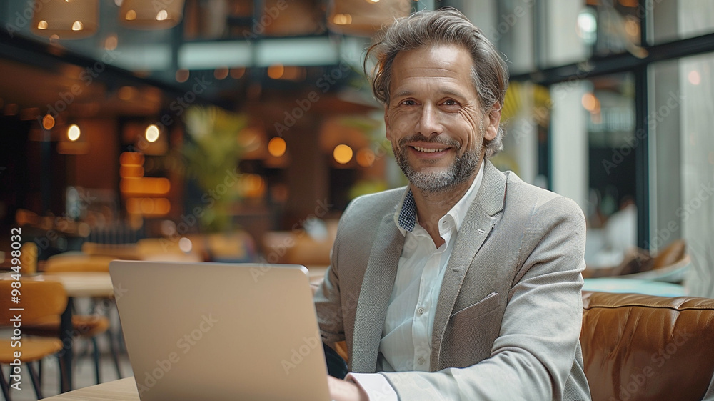 Businessman working on his laptop in a co-working space. Modern businessman smiling at the camera while typing on his laptop and listening to music. Happy entrepreneur sitting in an office lobby. Businessman working on his laptop in a co-working space. Modern businessman smiling at the camera while typing on his laptop and listening to music. Happy entrepreneur sitting in an office lobby.