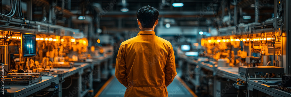 A worker in an industrial setting, standing between two assembly lines. A worker in an industrial setting, standing between two assembly lines.