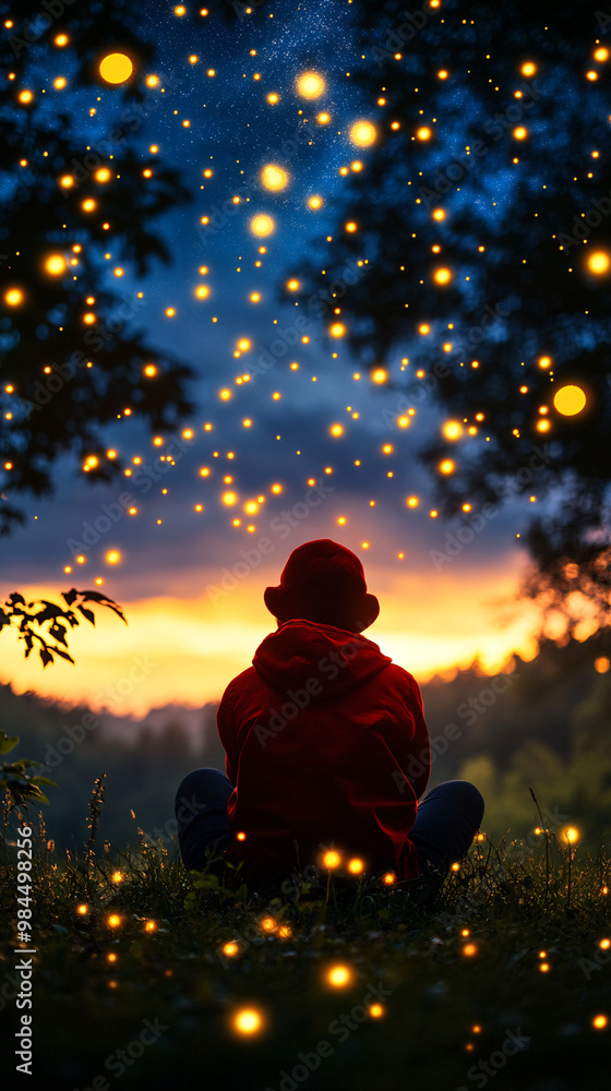 A person is sitting in the grass at night, surrounded by a field of stars. The scene is peaceful and serene, with the person looking up at the sky A person is sitting in the grass at night, surrounded by a field of stars. The scene is peaceful and serene, with the person looking up at the sky