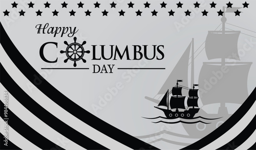 Black and white illustration design for greeting cards with a theme commemorating Columbus Day. Great for collecting assets, templates, greeting cards, etc