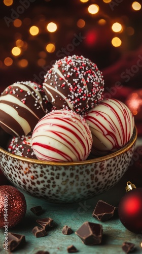 Candy cane hot chocolate bombs in a decorative bowl, sitting on a mint table with a deep gold backdrop and twinkling Christmas lights, copy space, Merry Christmas background, festive candy promo