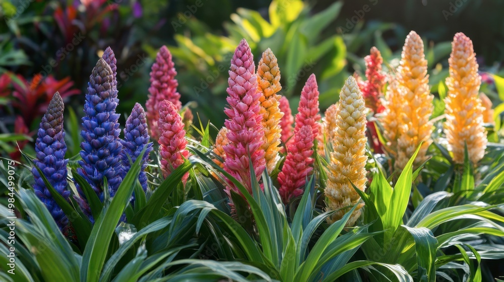 A field of ginger flowers in multiple colors growing in harmony with other tropical plants. A field of ginger flowers in multiple colors growing in harmony with other tropical plants.