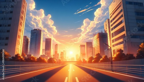 sunset in the city anime style