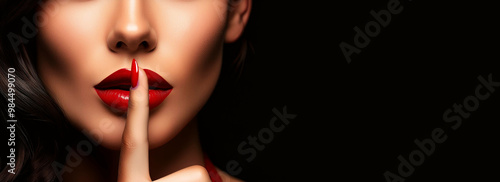 Extreme close-up and front view of a beautiful woman, doing expression with finger on lips silent shh gesture. Secret, silence, taboo and censorship and freedom of speech, concept. Generative Ai.