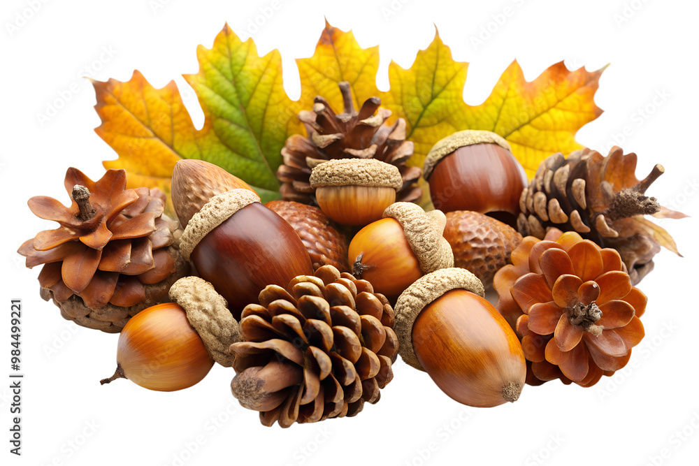 Close-up of autumn acorns, pinecones, and yellow leaf still life Close-up of autumn acorns, pinecones, and yellow leaf still life