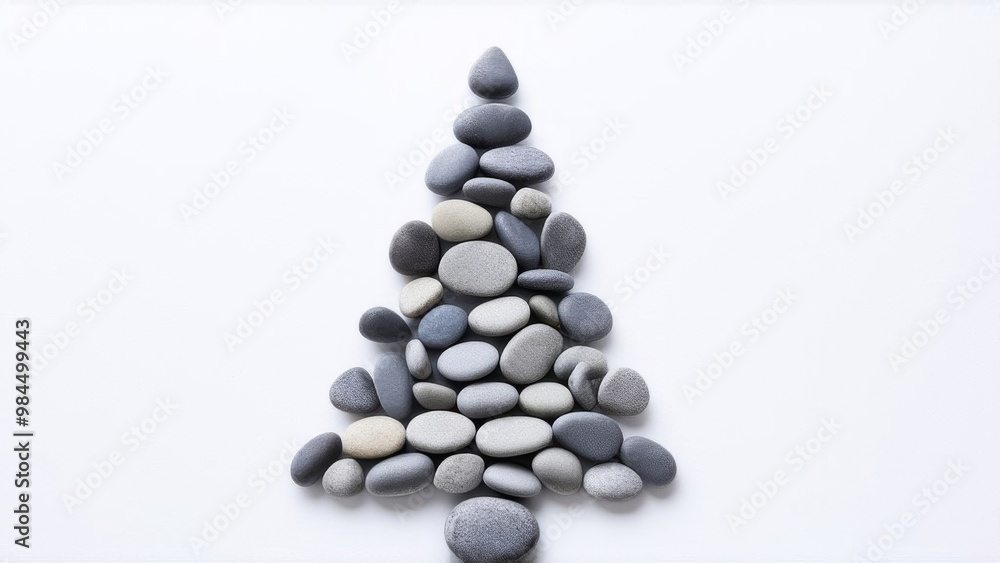 On a white background, sea pebbles in the shape of a Christmas tree On a white background, sea pebbles in the shape of a Christmas tree