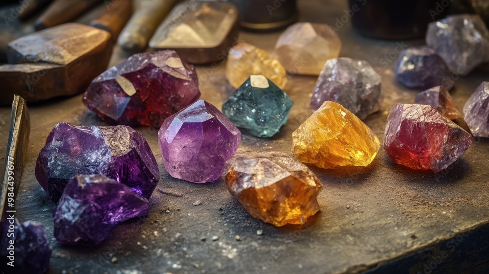 A group of unpolished gemstones in their raw form, resting on a jeweler's workbench. A group of unpolished gemstones in their raw form, resting on a jeweler's workbench.