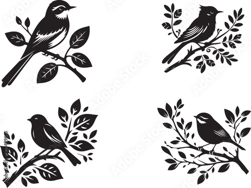 Photography set of black and white birds with branches