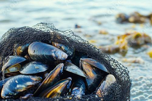 Catch of mussels against the sea