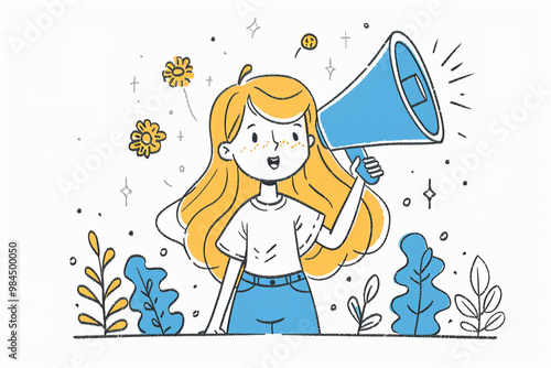 Cartoon Girl with Megaphone in Playful Nature Scene