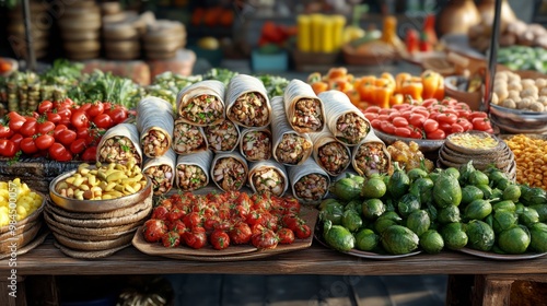 Colorful market display featuring fresh vegetables, fruits, and nuts in woven baskets, showcasing a vibrant array of natural produce.