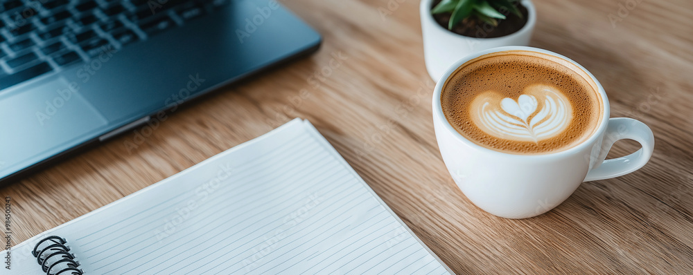 A cozy workspace featuring cup of coffee, an open notepad, and laptop. warm ambiance invites creativity and productivity, perfect for brainstorming or note taking A cozy workspace featuring cup of coffee, an open notepad, and laptop. warm ambiance invites creativity and productivity, perfect for brainstorming or note taking