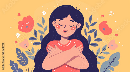 Illustration of a Happy Woman Hugging Herself in Floral Setting