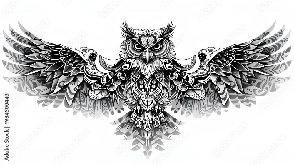 Obraz premium black and white illustration of owl with two wings in fully tribal ornament detailed