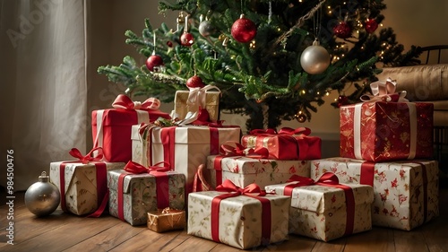 Christmas presents under the Christmas tree , holiday anticipation, joy and giving 
