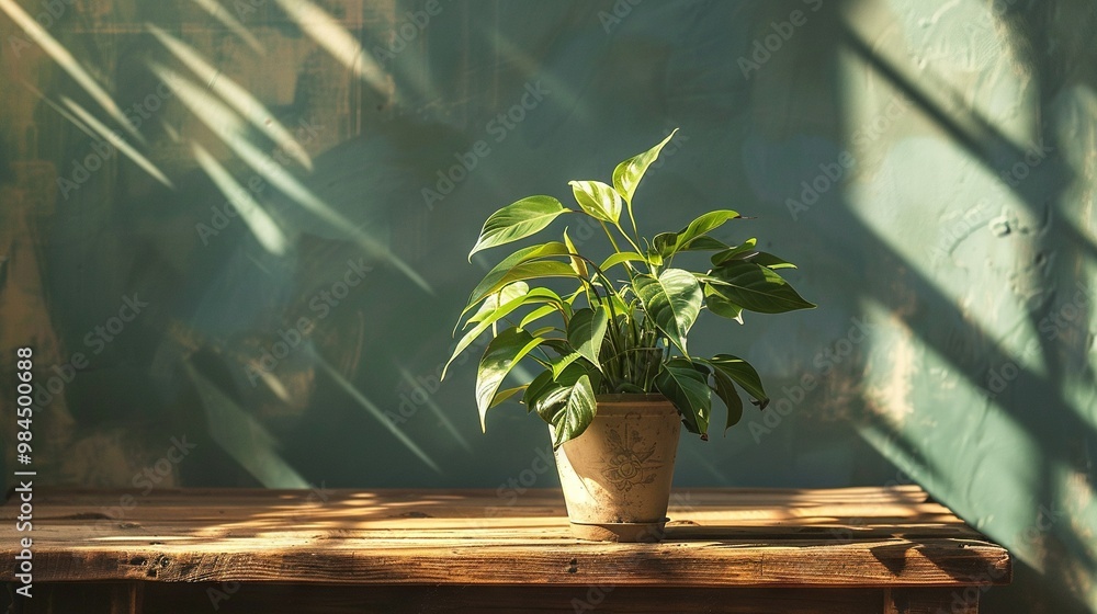   A potted plant resting on a wooden table in a green-walled room with window light streaming in