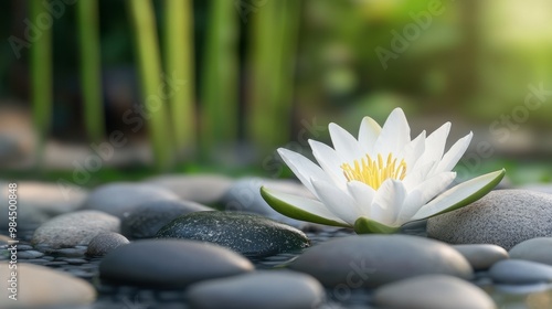 A lily flower in a Zen garden, with smooth stones and bamboo accents in the background.