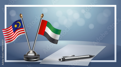 Malaysia and United Arab Emirates Small national flag on bokeh background, cooperative relationship
