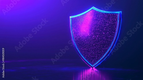 In a futuristic cybersecurity concept, a glowing shield icon represents data protection and privacy on a digital interface background.