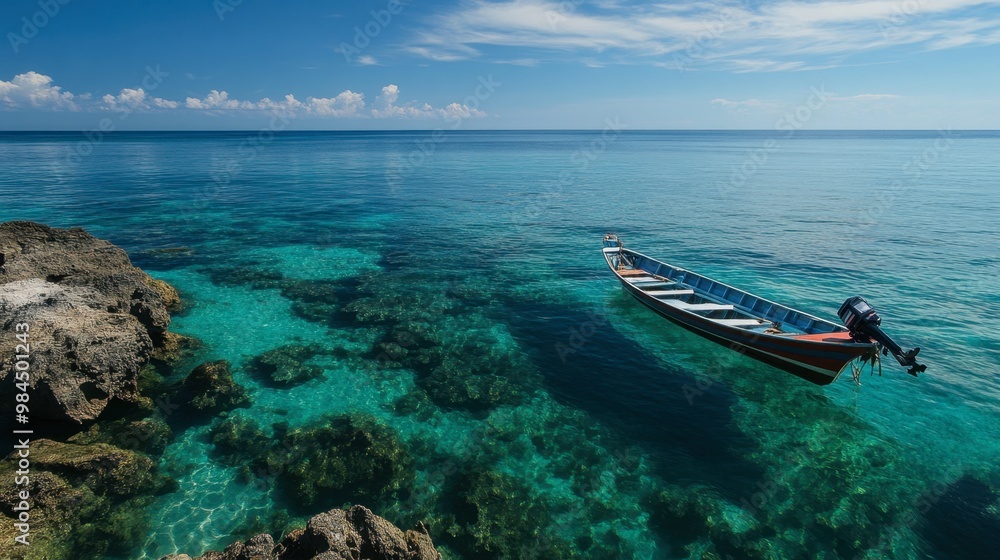 Fototapeta premium A longtail boat on the serene waters of Koh Tao, popular for its diving and snorkeling spots.