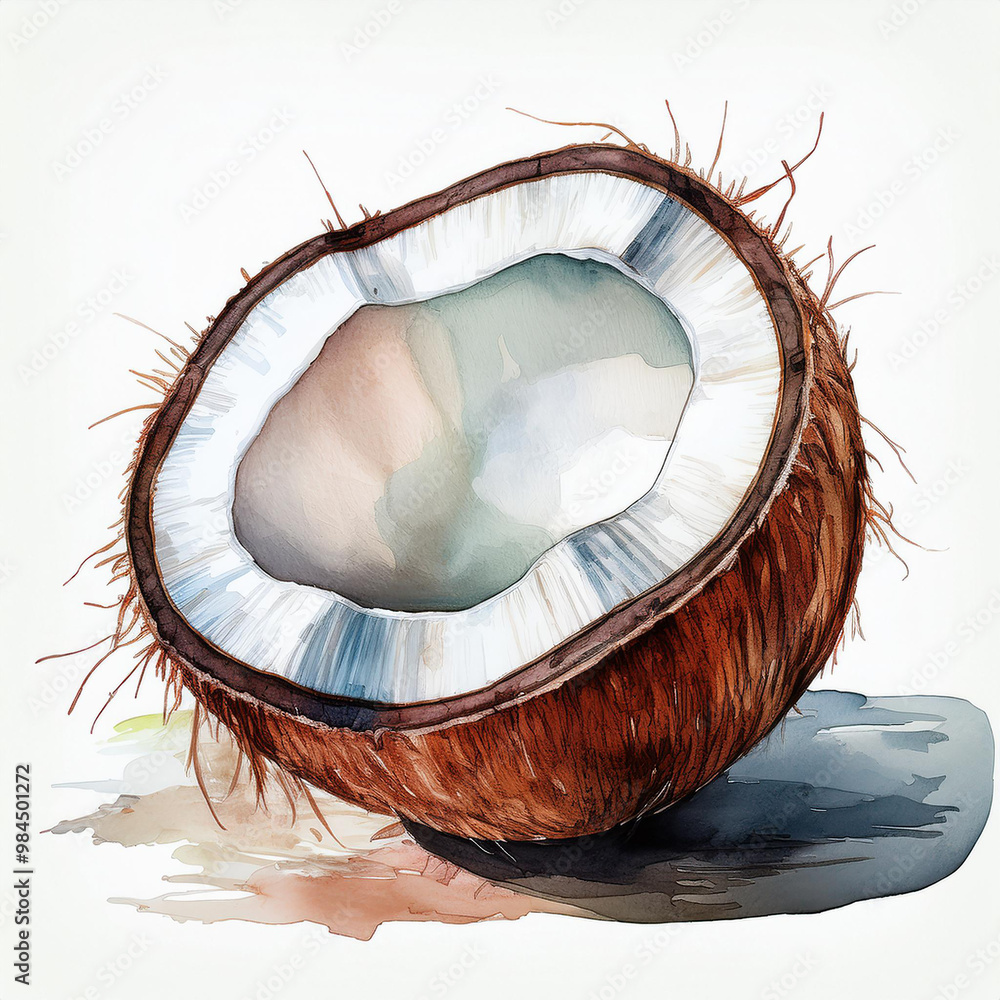 Watercolor painting of tropical coconut isolated on white backdrop. Exotic coco. Hand drawn Watercolor painting of tropical coconut isolated on white backdrop. Exotic coco. Hand drawn