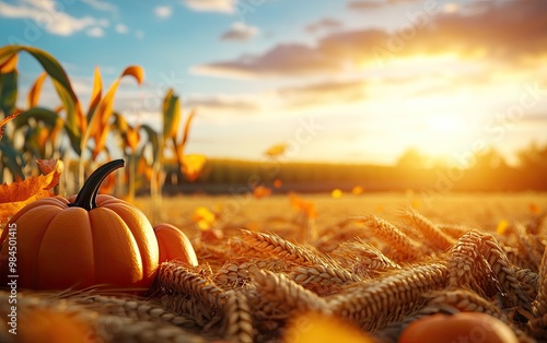 A vibrant pumpkin in a golden wheat field during sunset, capturing the essence of autumn harvest.