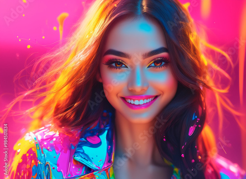 A joyful young woman with flowing hair poses with a broad smile, surrounded by splashes of bright colors, embodying the spirit of creativity