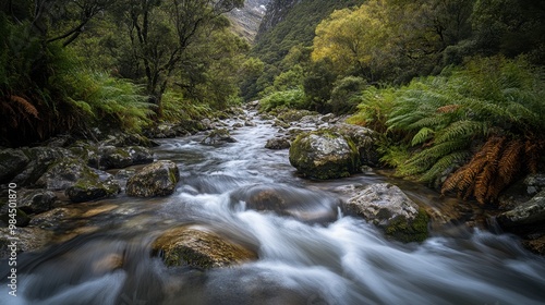 A mountain stream flowing over smooth rocks in Ackmon National Park, with lush ferns and moss growing along the banks.