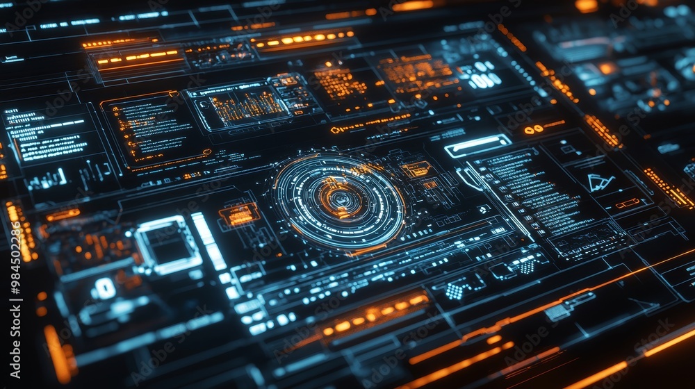 Glowing digital interface ideal for technology and sci-fi projects. Glowing digital interface ideal for technology and sci-fi projects.