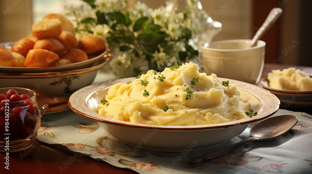 Creamy mashed potatoes in a serving bowl with herbs for comforting meal representing side dish Creamy mashed potatoes in a serving bowl with herbs for comforting meal representing side dish