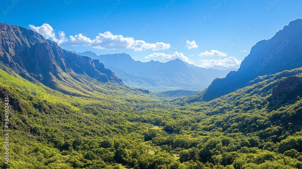 A panoramic view of Ackmon National Park lush green valleys surrounded by towering mountains under a clear blue sky. A panoramic view of Ackmon National Park lush green valleys surrounded by towering mountains under a clear blue sky.
