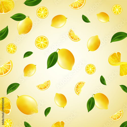 Lemon citrus background, whole and pieces of lemon falling. In focus and blurred fruits.