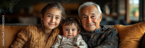 Grandfather and grandchildren smiling on couch.