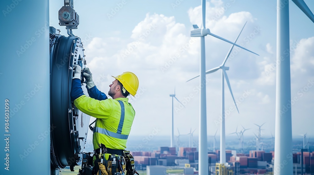 Wind turbine technician working on a nacelle in an industrial environment, surrounded by chimneys and cargo cranes, windmills towering in the distance Wind turbine technician working on a nacelle in an industrial environment, surrounded by chimneys and cargo cranes, windmills towering in the distance