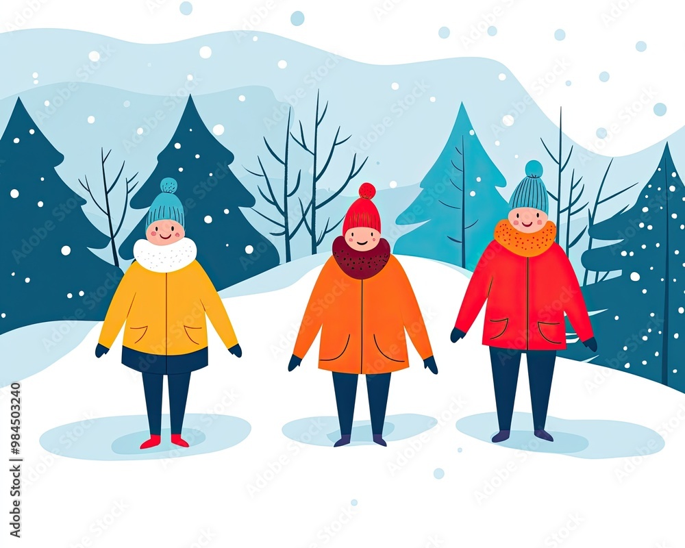 Three cheerful people in winter clothing stand in a snowy landscape with trees, enjoying the festive atmosphere. Three cheerful people in winter clothing stand in a snowy landscape with trees, enjoying the festive atmosphere.