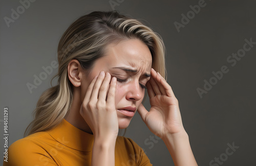 Woman suffering from stress, migraine or a headache grimacing in pain