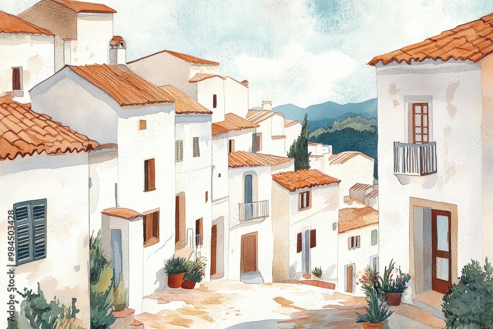 Fototapeta premium Charming Watercolor of Mediterranean Village Houses