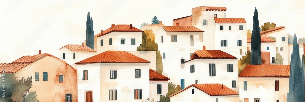 Charming Watercolor of Mediterranean Village Houses Charming Watercolor of Mediterranean Village Houses