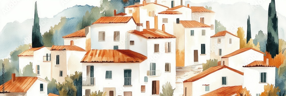 Charming Watercolor of Mediterranean Village Houses Charming Watercolor of Mediterranean Village Houses